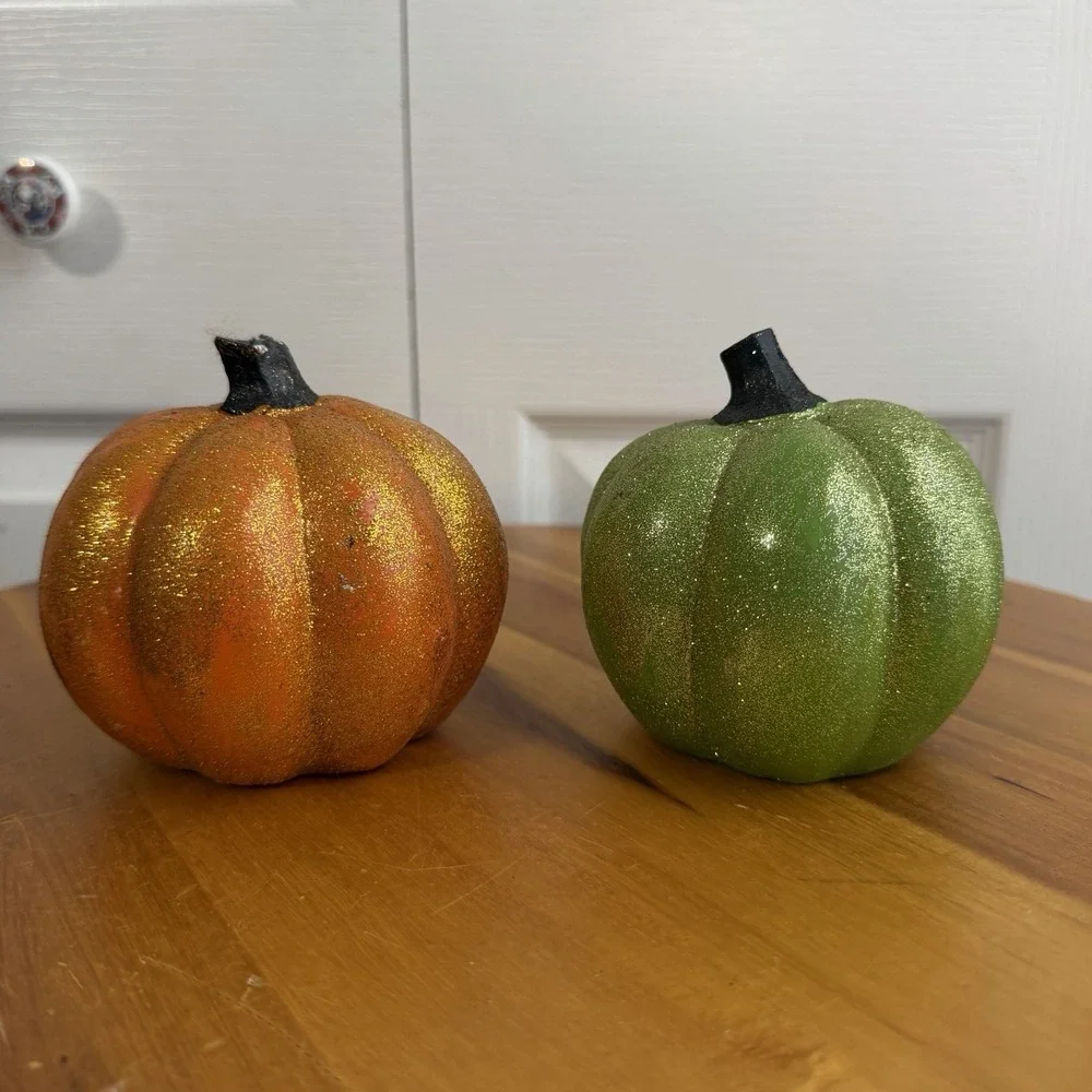 Hobby Lobby Orange Green Set Of 2 Table Decor Pumpkins Fall Halloween Sparkly
